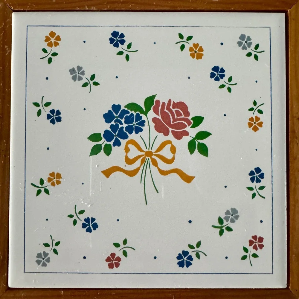 Vintage Floral Ceramic Tile Wall Hanging Wood Frame Country Cottagecore Decor